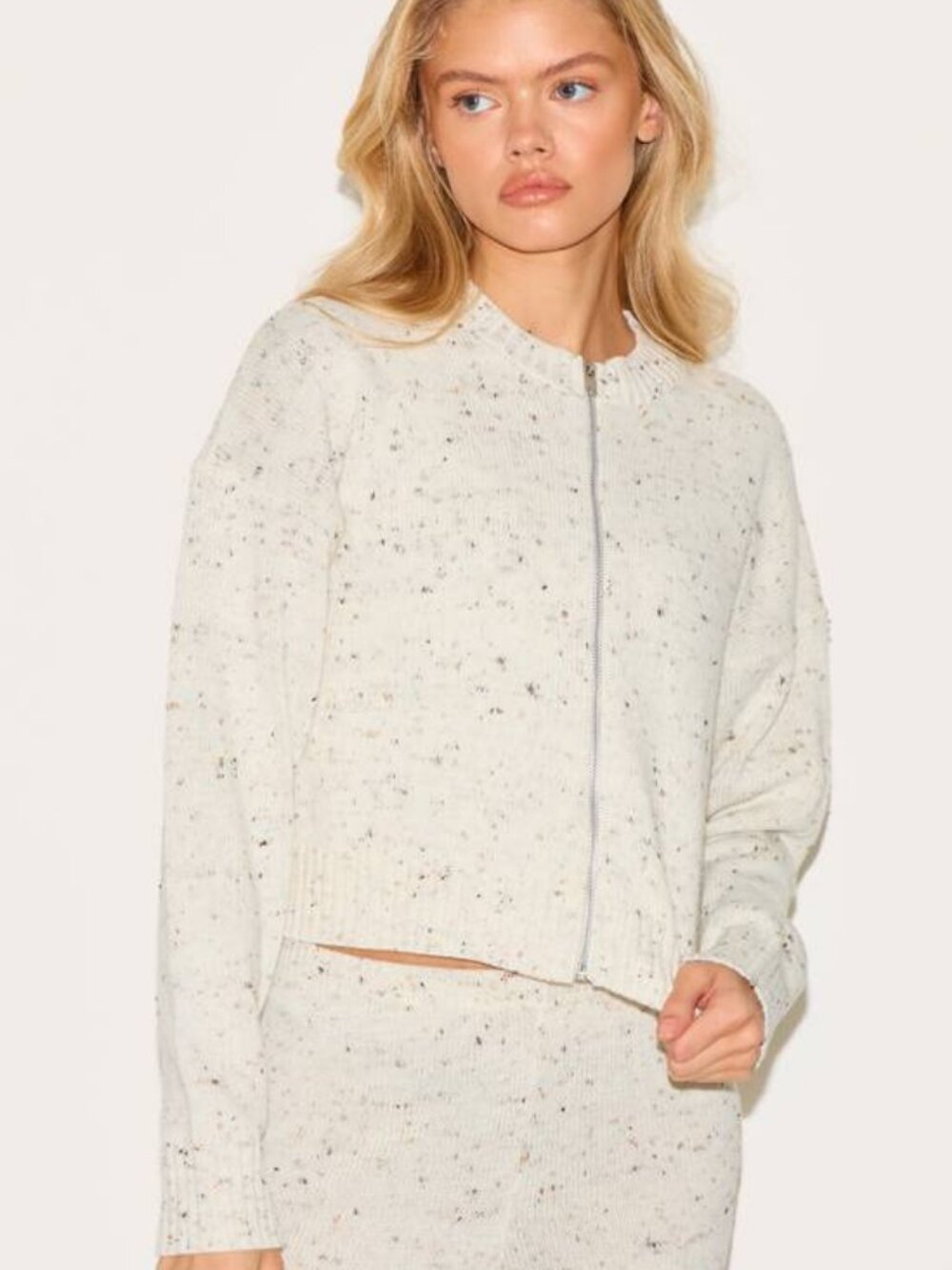 PrettyLittleThing Cream Space Dye Knit Zip Cardigan & Pants Set - S